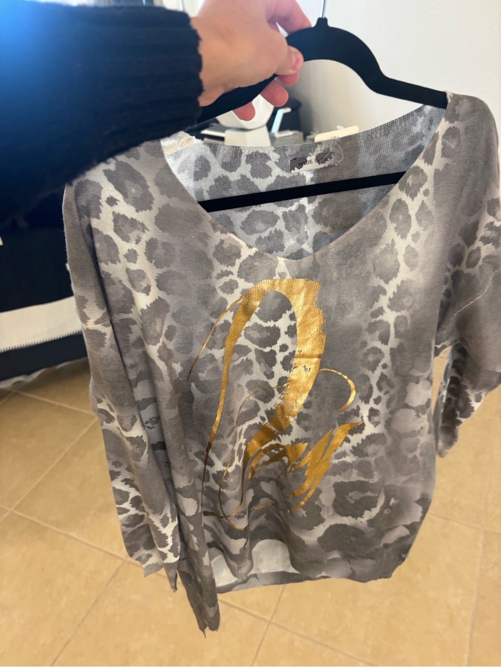 Women's Gray Leopard Print V-Neck Sweatshirt with Gold Foil Script